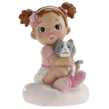 Figurine Baptême - Fille et son chat (10cm)