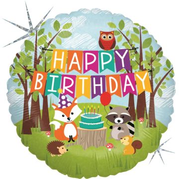 Round Aluminium Balloon - Woodland Happy Birthday (46cm)