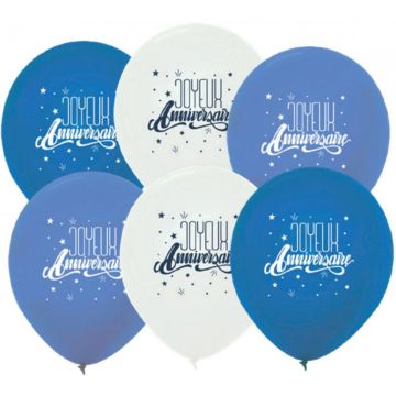 Ballon Joyeux Anniversaire - Tons Bleu (6pcs)