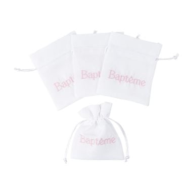 4 Pochons Tissu blanc "Baptême" rose