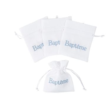 4 Pochons Tissu blanc "Baptême" bleu