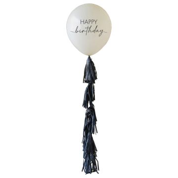 Ballon Happy Birthday avec pompom noir