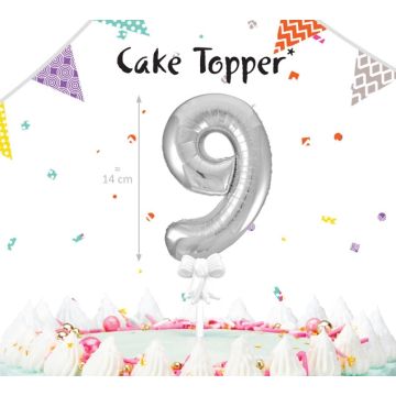 Cake Topper - Ballons Chiffres Argentés 14cm - 9