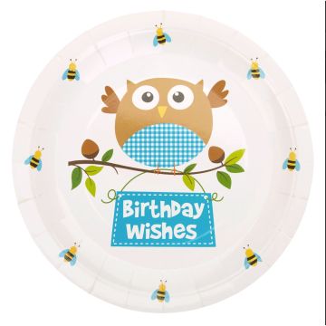 Plates - Hibou Happy Birthday Bleu (8pcs)