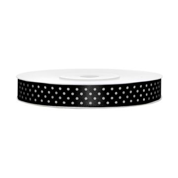Black Satin Ribbon with white dots 12mm / 25m